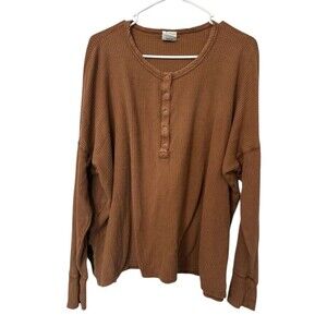 Offline By Aerie Waffle Henley XL Women's Brown Long Sleeves Oversized